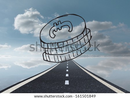 Drawn coins on sky background with road