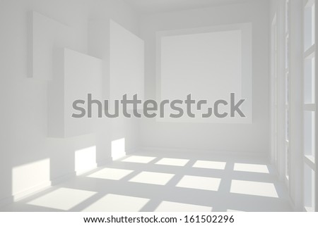 White room with squares at wall and bright windows