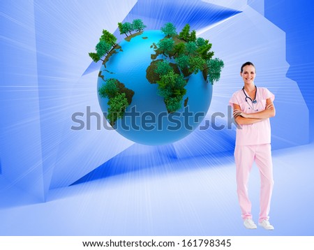 Composite image of isolated beautiful nurse standing in front of the camera with folded arms