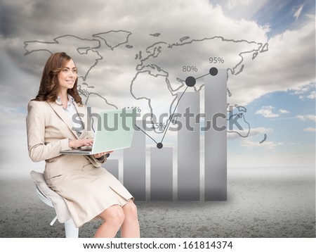 Composite image of smiling businesswoman sitting and using laptop against white background