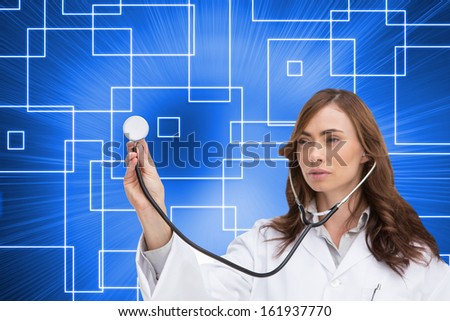 Composite image of thoughtful brunette doctor using stethoscope