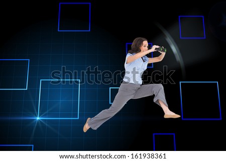 Composite image of cheerful classy businesswoman on white background jumping while holding binoculars