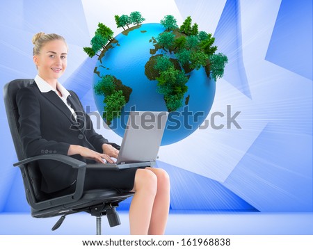 Composite image of attractive blonde businesswoman sitting in swivel chair with laptop
