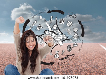 Composite image of a woman celebrating in front of her laptop as she smiles looking forward.