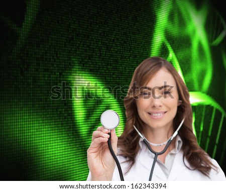 Composite image of happy brunette doctor using stethoscope