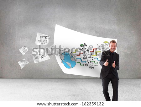Composite image of happy businessman with thumbs up in a meeting