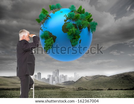Composite image of mature businessman standing on ladder watching
