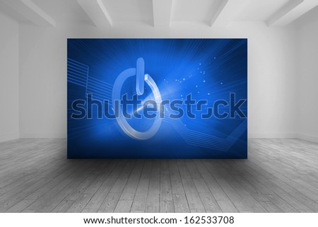 White room with blue picture of turn off button