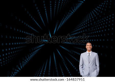 Composite image of attractive businessman with hands in pockets