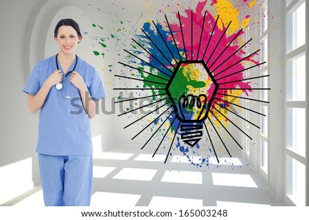 Composite image of young and confident medical intern wearing a blue short-sleeve uniform