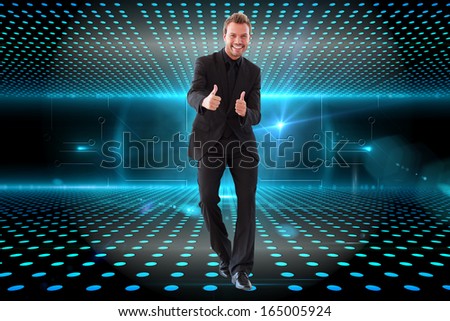 Composite image of happy businessman with thumbs up in a meeting