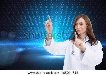 Composite image of happy brunette doctor pointing