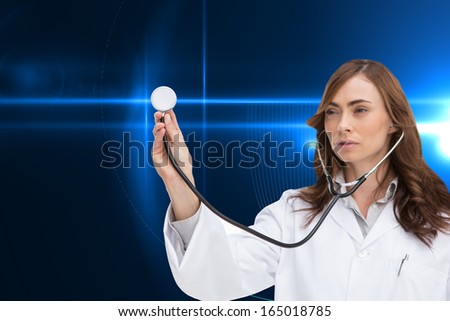 Composite image of thoughtful brunette doctor using stethoscope