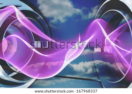 Purple wave design on blue sky