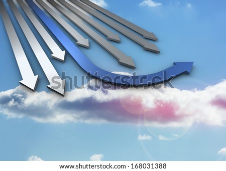 Blue and grey curved arrows pointing against sky