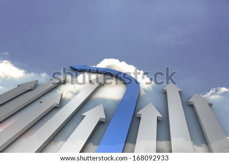 Blue and grey arrows pointing against sky