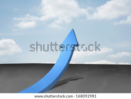 Blue curved arrow pointing up against sky