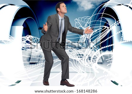 Businessman standing with arms out against white abstract design