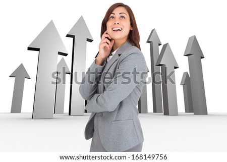 Happy businesswoman against server hallway in the sky