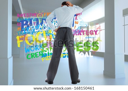 Thinking businessman with hand on head against opening door in sky
