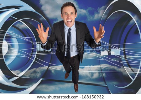 Stressed businessman gesturing against abstract white line design on blue sky