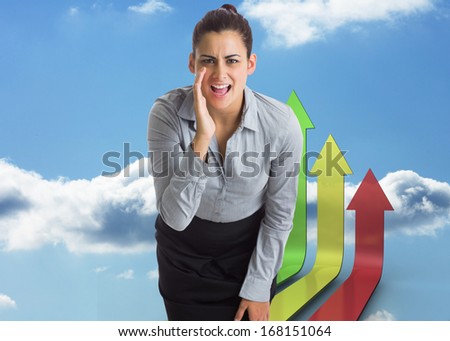 Businesswoman shouting against steps leading to light in the darkness