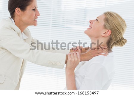Side view of two young businesswomen having a violent fight in their office