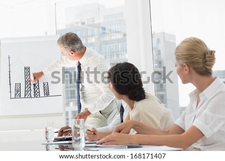 Business manager presenting bar chart to his staff in the office