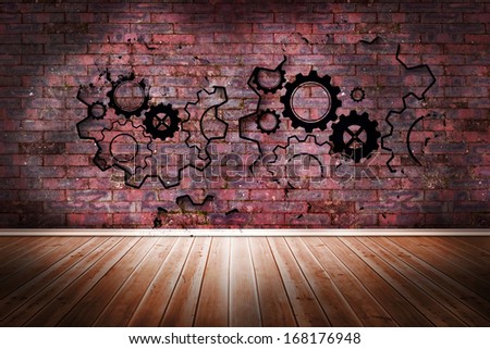 Cogs and wheels on brick wall