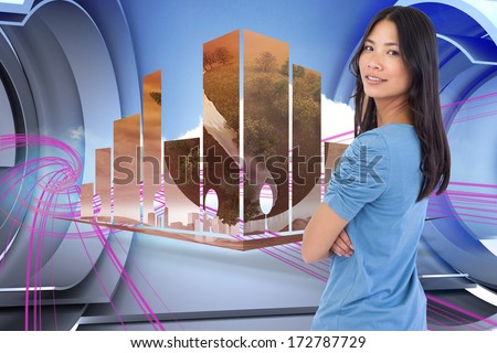Smiling asian woman with arms crossed looking over her shoulder against abstract pink design in futuristic structure