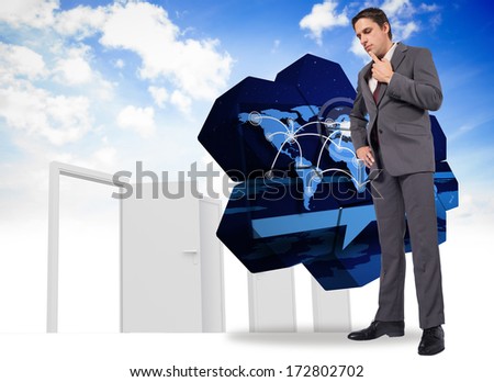 Thinking businessman with hand on chin against closed and open doors in sky