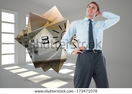 Thinking businessman with hand on head against dark white room