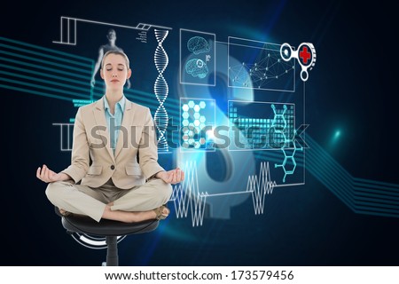 Peaceful chic businesswoman sitting in lotus position on swivel chair against dollar sign on futuristic background
