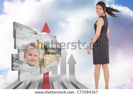 Smiling businesswoman against red and grey curved arrows pointing up against sky