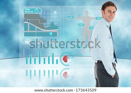 Happy businessman standing with hand in pocket against book steps against sky