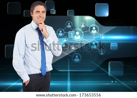 Thinking businessman touching his chin against global communication background