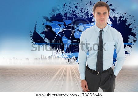 Serious businessman with hand in pocket against glowing key seen through window