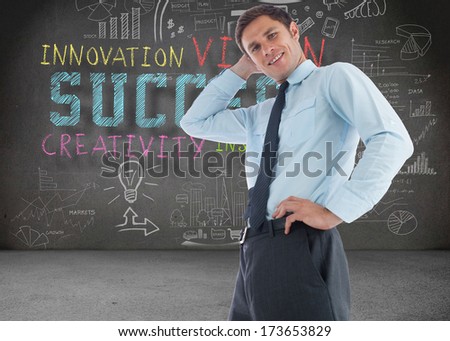 Thinking businessman with hand on head against colourful arrows pointing up