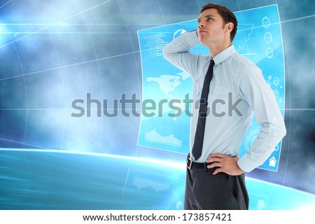 Thinking businessman with hand on head against unfinished bridge