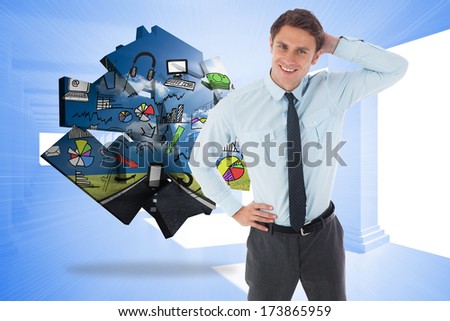 Thinking businessman scratching head against bright blue room with windows