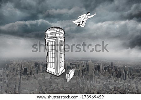 Superhero flying doodle against gloomy city
