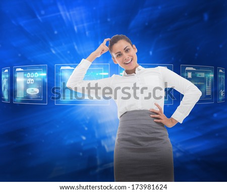 Smiling thoughtful businesswoman against abstract blue squares