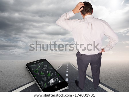 Thinking businessman scratching head against street under cloudy sky