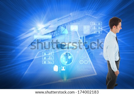 Happy businessman standing with hand in pocket against shiny background with squares