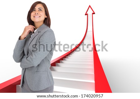 Thoughtful businesswoman against red arrow with steps graphic