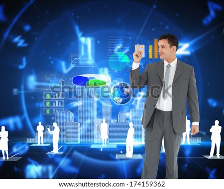 Businessman pointing up against blue background with letters, elements of this image furnished by NASA