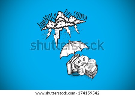 Umbrella protecting money from debt storm against blue background with vignette
