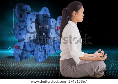 Businesswoman sitting in lotus pose against keyhole on technological background