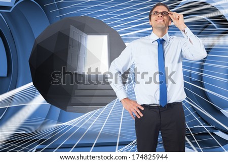Thinking businessman tilting glasses against abstract design in futuristic structure