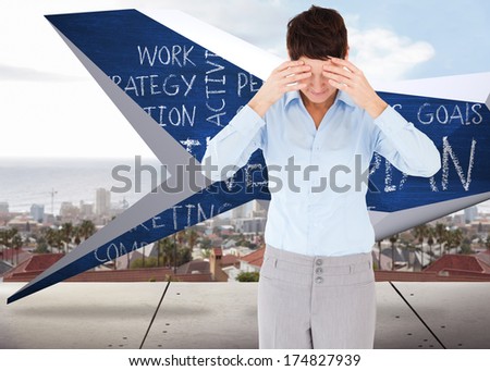 Businesswoman with her hands on her forehead against view from balcony over city